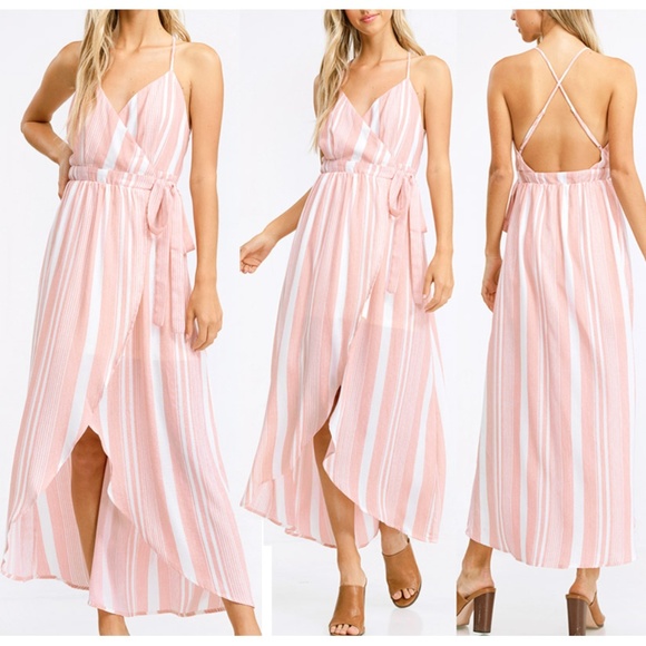 Restock✨Pink Stripe Backless HiLow Midi Wrap Dress - Picture 1 of 8